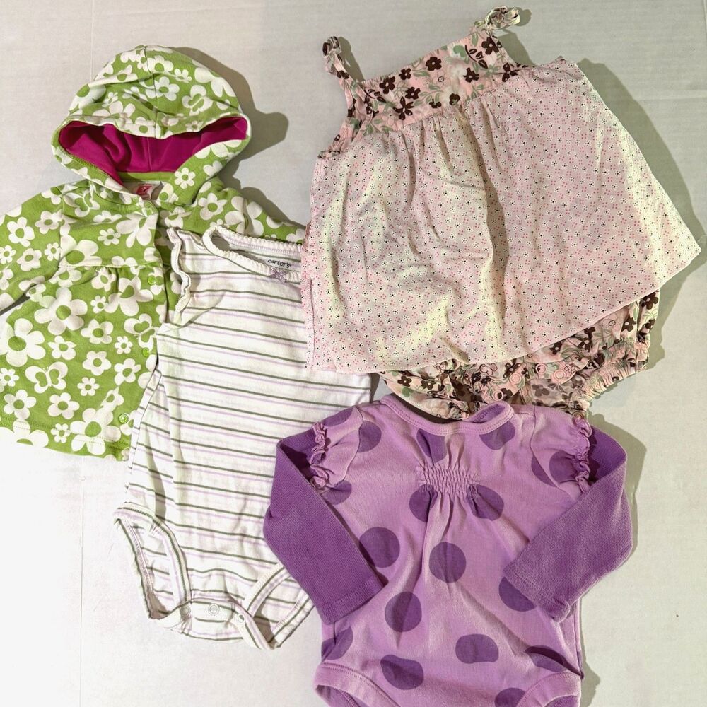 Retro Baby Girl 4 pc Lot Green Hoodie Purple Dot Striped Bodysuits Pink Romper